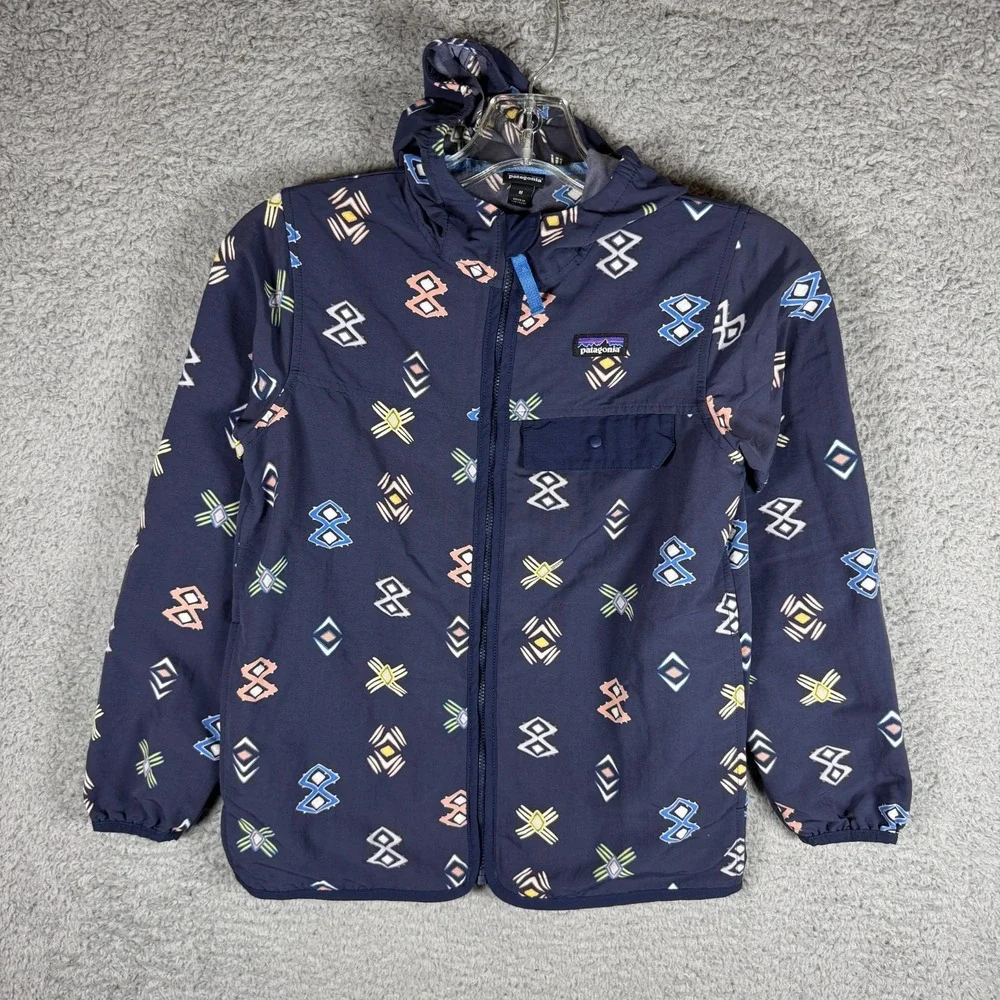 Patagonia Baggies‎ Jacket Lightweight Hooded Windbreaker Navy Ikat M Outdoors